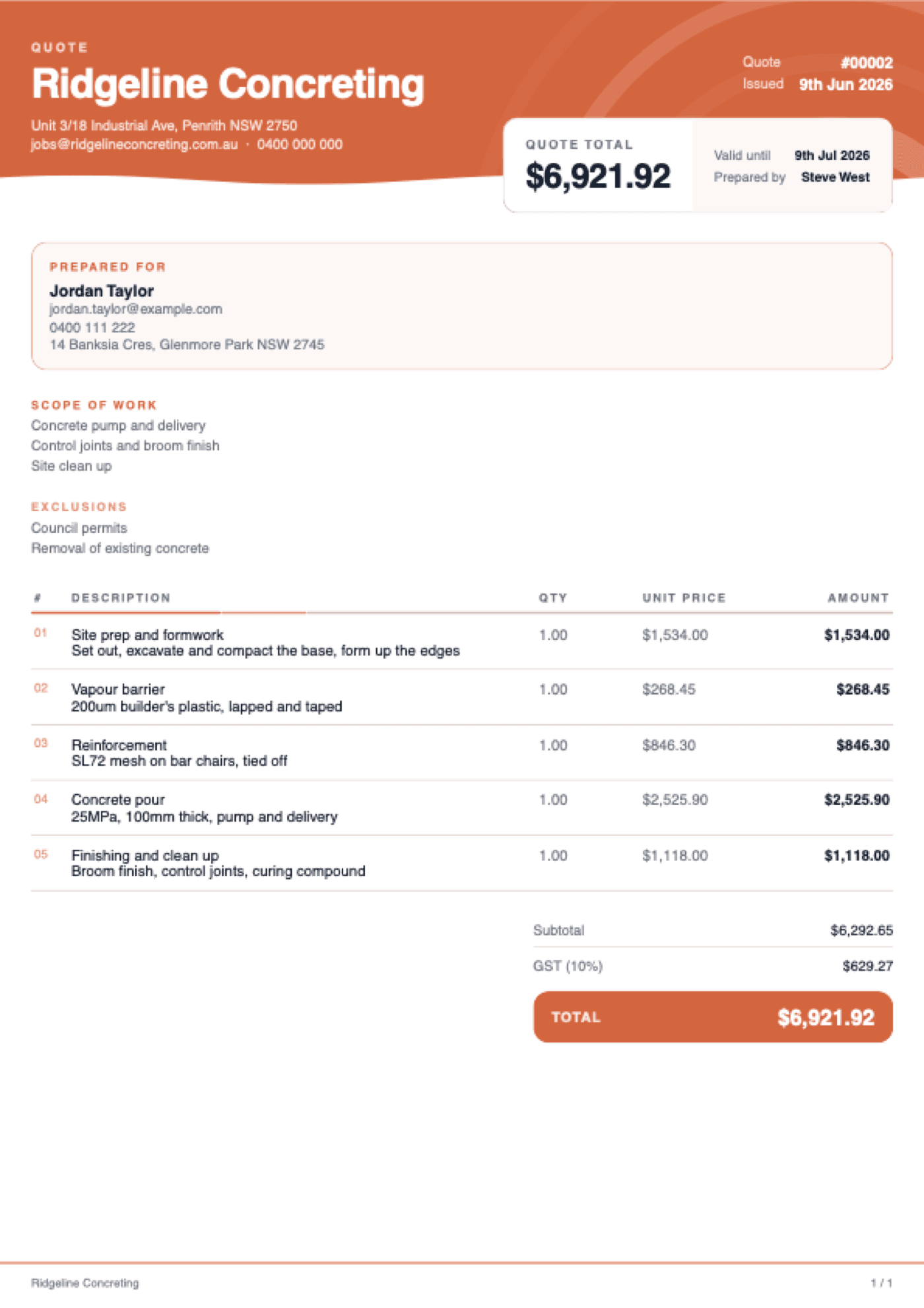 A BuildrHub quote PDF for a driveway slab, with the client's details, five priced lines, GST and the total