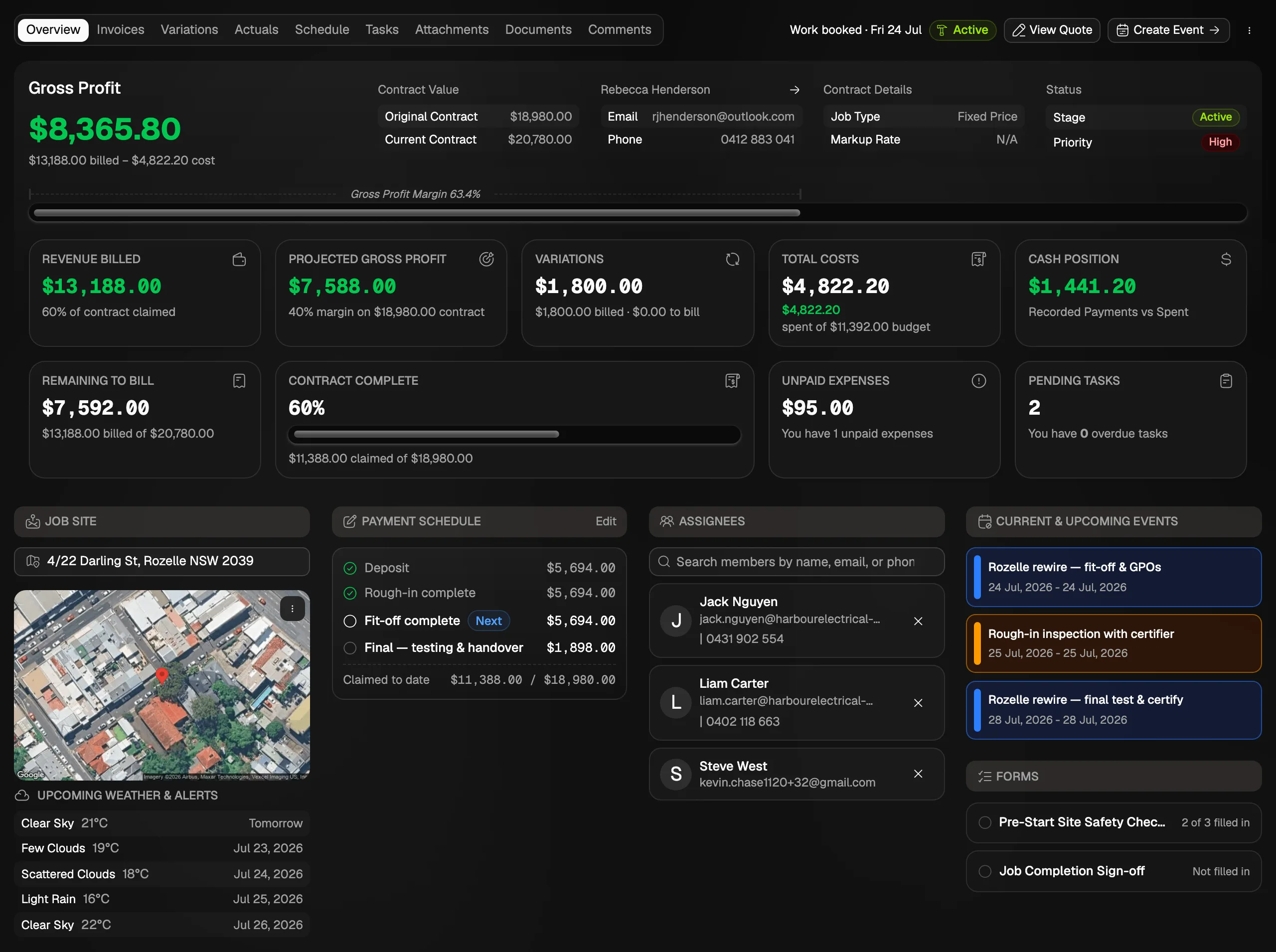 A job in Chase — costing, quotes, invoices and schedule in one place